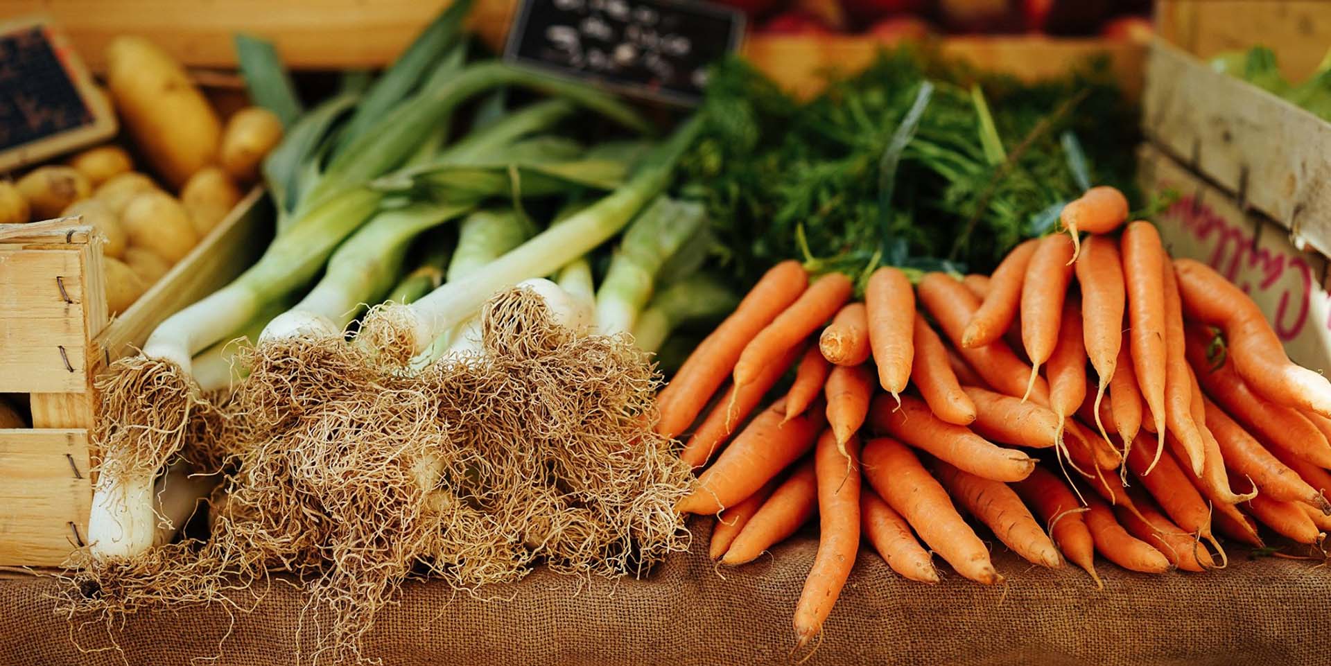 carrots and onions on table at farmers market